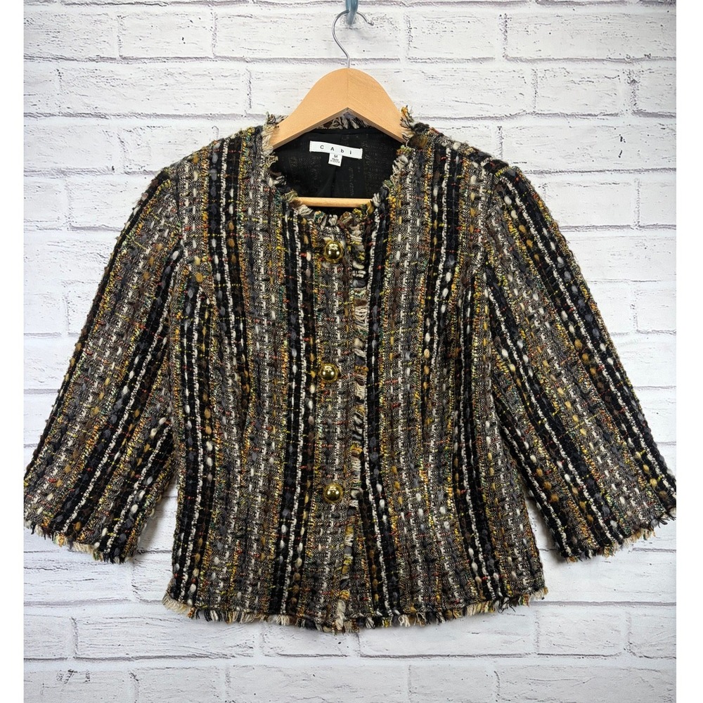 CAbi Paris Style 175 Cropped Tweed Jacket Boucle Fringe Trim Women's Medium